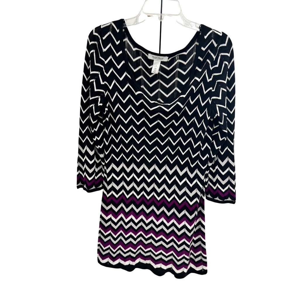 White House Black Market Chevron Zigzag Knit Top Black White Purple 3/4 Sleeve L